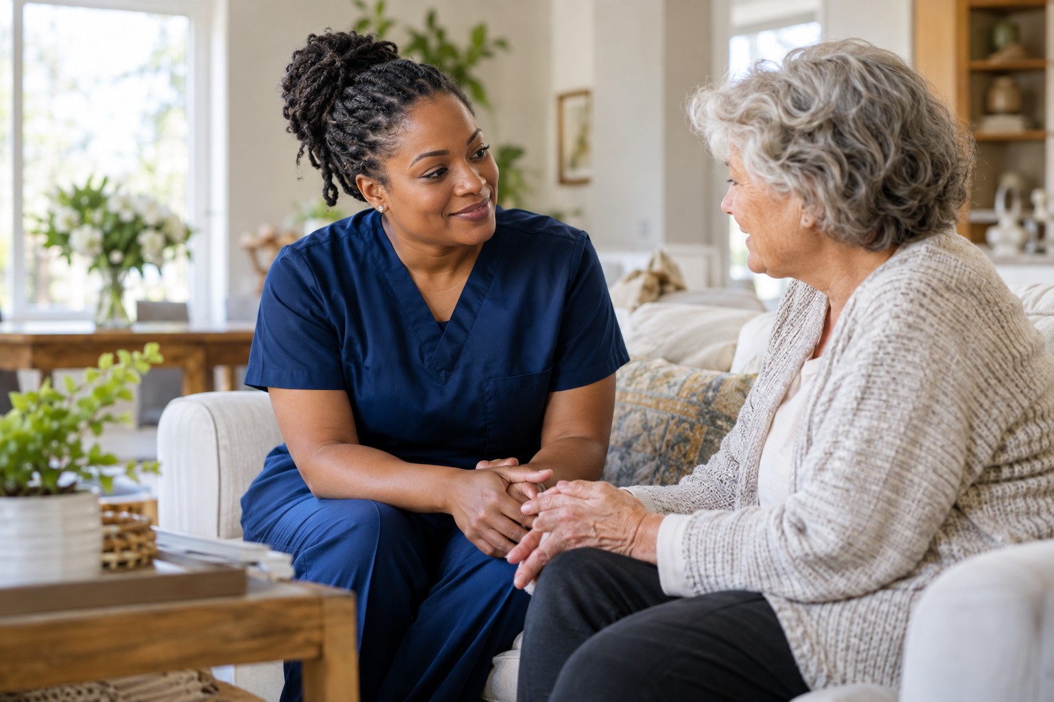 A nurse speaking warmly with an older woman in her home